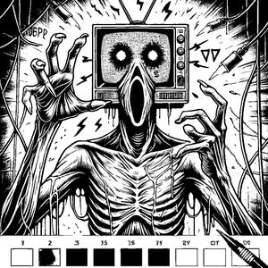 May include: Black and white illustration of a horrifying creature with a television for a head. The creature has a large, gaping mouth and its eyes are glowing. The television is emitting static and there are electrical sparks around it.