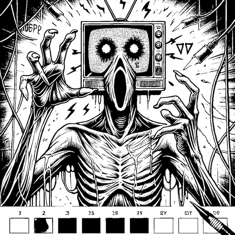 May include: Black and white illustration of a horrifying creature with a television for a head. The creature has a large, gaping mouth and its eyes are glowing. The television is emitting static and there are electrical sparks around it.