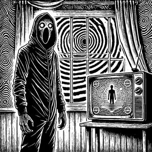 May include: A black and white illustration of a hooded figure standing in a room with a television set. The figure has a large, open mouth and a swirling pattern behind it. The television screen shows a figure standing in a similar swirling pattern.
