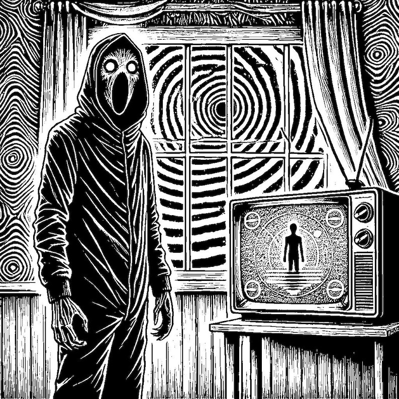 May include: A black and white illustration of a hooded figure standing in a room with a television set. The figure has a large, open mouth and a swirling pattern behind it. The television screen shows a figure standing in a similar swirling pattern.