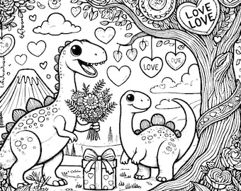 Libro da colorare di dinosauri per San Valentino / PDF stampabili sui dinosauri (download digitale)