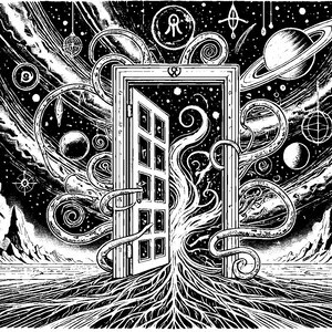 May include: A black and white illustration of a door opening into a swirling, cosmic space. The door is framed by a wooden door frame and has a series of glass panels. The door is surrounded by swirling tendrils that appear to be growing from the ground. The space behind the door is filled with stars, planets, and other celestial objects.