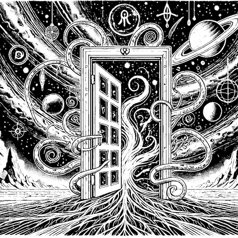 May include: A black and white illustration of a door opening into a swirling, cosmic space. The door is framed by a wooden door frame and has a series of glass panels. The door is surrounded by swirling tendrils that appear to be growing from the ground. The space behind the door is filled with stars, planets, and other celestial objects.