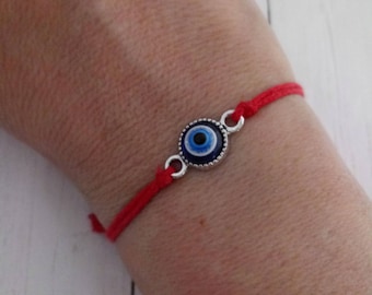 Evil eye bracelet, silver evil eye charm on cotton cord, men's women's evil eye bracelet, protection bracelet, Eye of Horus bracelet