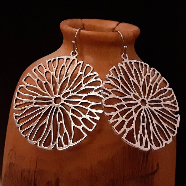 Silver Flower Dangle Earrings with modern pattern, 2 inch round abstract flower