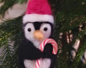 wool penguin ornament, Needle felted penguin and candy cane