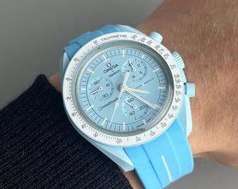 MoonSwatch Omega x Swatch Speedmaster light blue and white silicone rubber strap watch strap - 20mm