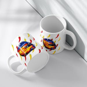 Carlos Sainz Helmet and Chili Ceramic Coffee Mug, Carlos Sainz Helmet Cup, Cihili Pepper Sainz Coffee Mug, Sainz 55, Spanish F1 Driver