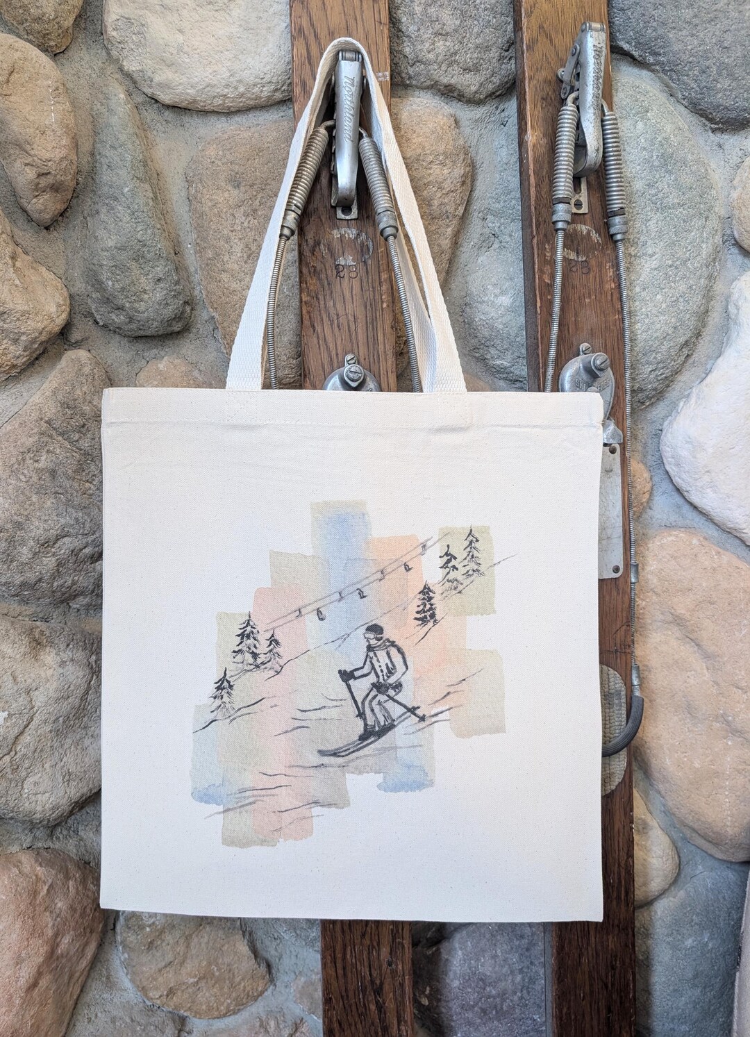 Skier and Lift Watercolor Art Cotton Canvas Market Bag - Etsy