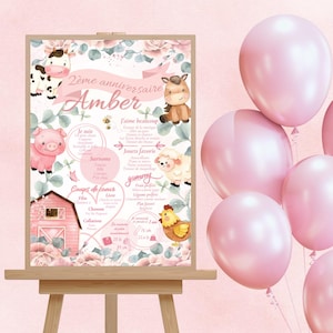Poster di compleanno personalizzato. Tema della fattoria, animali, mucca, maiale, cavallo, 1 anno, festa