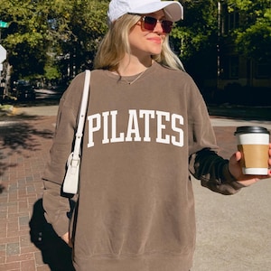 Pilates Varsity Sweatshirt Comfort Colors Cotton Crewneck Gym Girl Cozy Athleisure Yoga Pilates Gift for Wellness Lovers & Fitness Friends