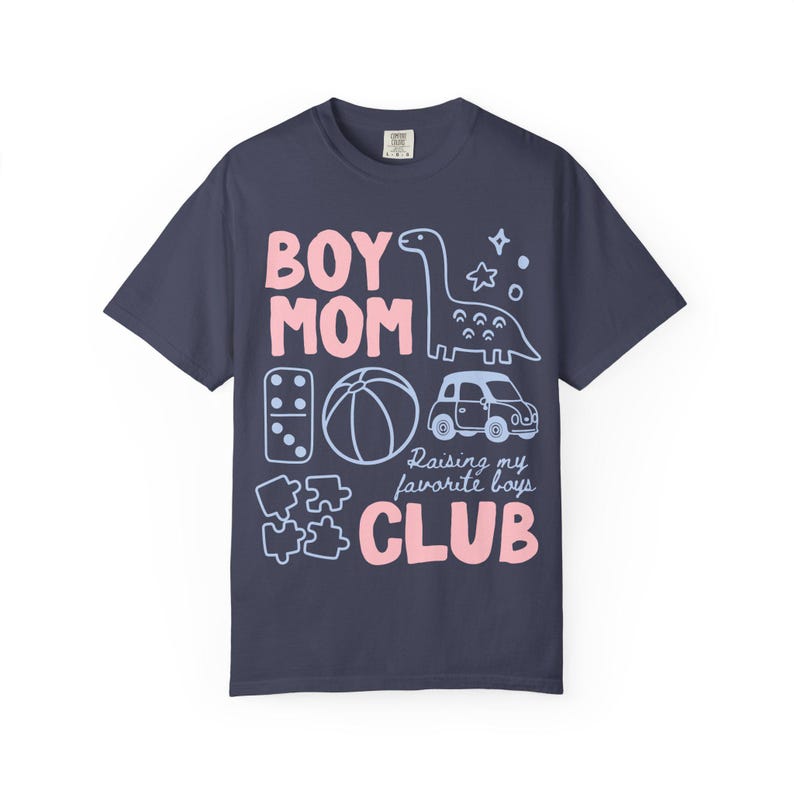 Denim Comfort Colors boy mom club shirt with playful dinosaur puzzle toy illustrations raising my favorite boys slogan vintage style motherhood graphic tee relaxed fit mom of sons gift ships without price tag