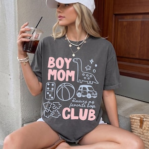 Pepper Comfort Colors boy mom club shirt with dinosaur puzzle toy car illustrations raising my favorite boys slogan relaxed vintage motherhood graphic tee cozy mom of boys gift ships without price tag