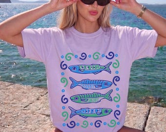 Colorful Fish Shirt, Sardine Shirt, Coastal Fish Tee, Fisherman Aesthetic Tee, Nautical Comfort Colors Shirt, Mediterranean Summer Shirt