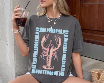 Lobster Graphic Shirt, Coastal Aesthetic Tee, Vintage Seafood Shirt, Summer Beach Outfit, Nautical Lobster Tee, Seaside Graphic T-Shirt Gift