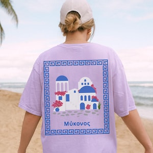 Mykonos Shirt, Greek Island Graphic Tee, European Summer Design Top, Cycladic House Print Aesthetic T-shirt Gift for Traveler, Plus Sizing