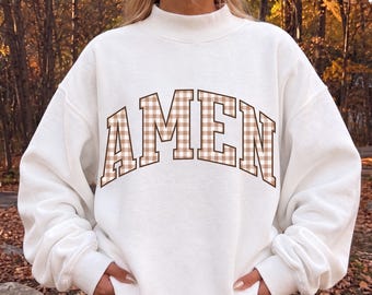 Amen Brown Gingham Mockneck Sweatshirt Oversized Christian Sweatshirt for Women Faith Based Sweater Christian Gift for Her Church Pullover