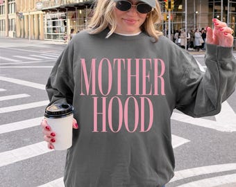 Motherhood Sweatshirt, Comfort Colors Lightweight Crewneck, Colorful Bold Letter Graphic Mom Sweater, Cozy Gift for New Moms & Baby Shower