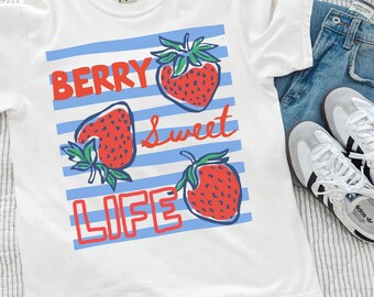 Berry Sweet Life Shirt, Strawberry Graphic Tee, Trendy Summer Shirt Gift, Fruit Aesthetic Tee, Striped Berry Graphic Comfort Colors Shirt