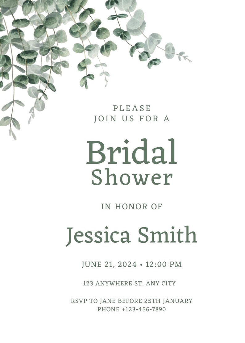 Custom Bridal Shower Invitation Made to Order Simple Eucalyptus