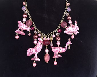 Pink Camouflage Farm Animals Necklace, Fun Jewelry Art OOAK by Lori Gutierrez!