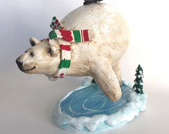 Ice Skating Polar Bear with Baby Penguin!  OOAK Holiday Sculpture by Lori Gutierrez!