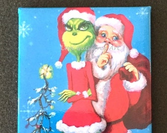 Holiday Magnet by Lori Gutierrez OOAK Art, Santa and the Grinch!