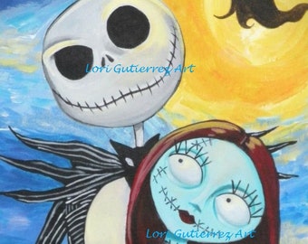Nightmare Before Christmas Jack and Sally Halloween Original OOAK Painting by Lori Gutierrez