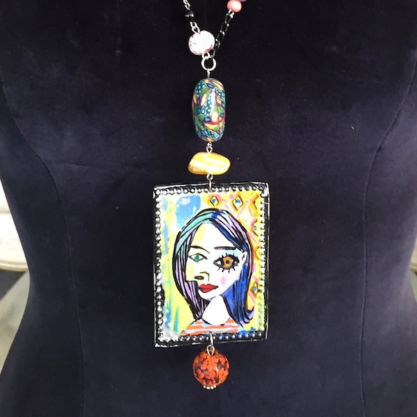 Beautiful Necklace with Picasso-style Pendant Handmade Jewelry Art OOAK by Lori Gutierrez!