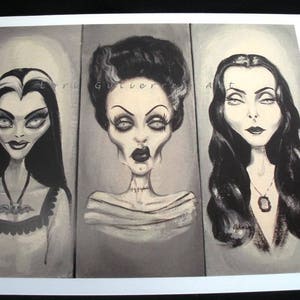 3 Ladies of Halloween!  Lily Munster, Bride of Frankenstein, Morticia Addams Greeting Card!  Lori Gutierrez Art OOAK!