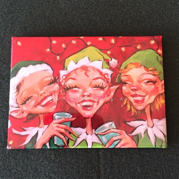 Holiday Magnet by Lori Gutierrez OOAK Art "3 Happy Elves!"