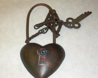 Old Padlock with Creepy Surprise in Keyhole!!  OOAK Halloween Art by Lori Gutierrez