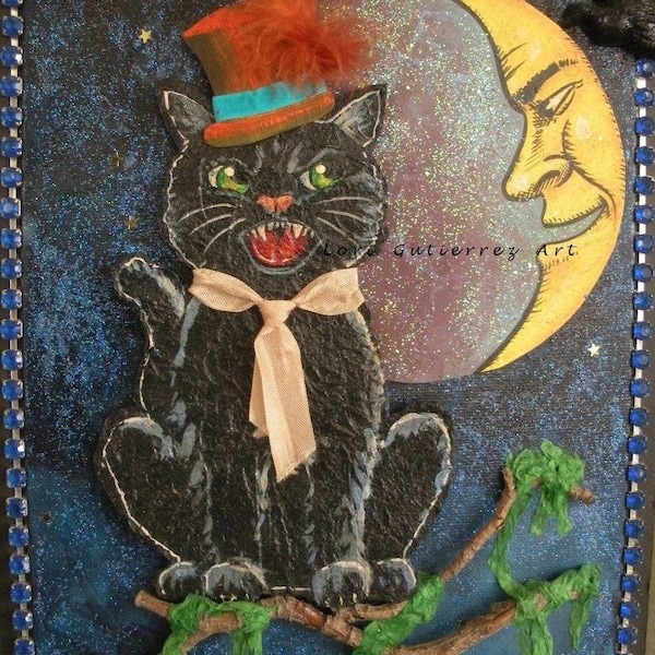 The Cat and the Moon Original Artwork by Lori Gutierrez OOAK!!