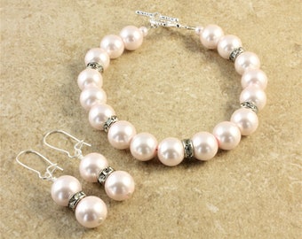Blush Light Pink Pearl Wedding Bracelet Earrings Silver Rhinestone Bridesmaid Gift Jewelry