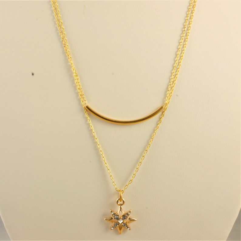 Two Chain Necklace Gold Rhinestone Star Pendant Gold Tube Gold Cable Chain