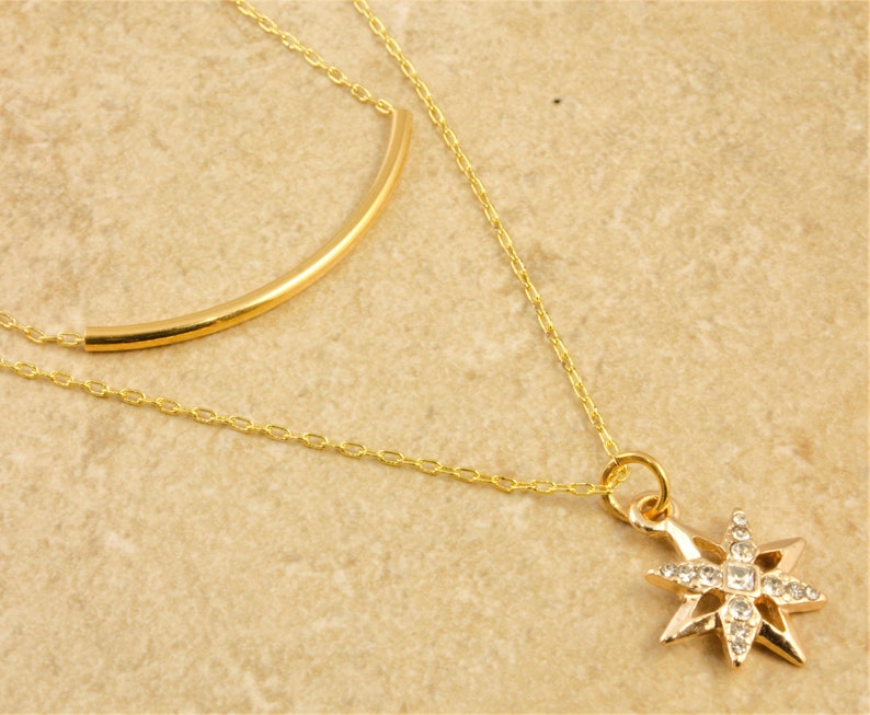 Two Chain Necklace Gold Rhinestone Star Pendant Gold Tube Gold Cable Chain