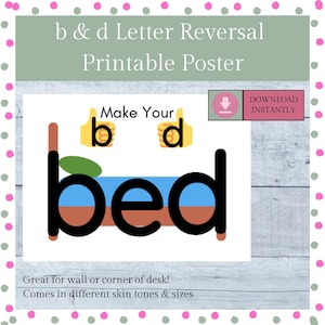Póster imprimible de inversión de letras, estrategia para hacer la cama, inversión de letras b y d, dislexia, lectura, escritura