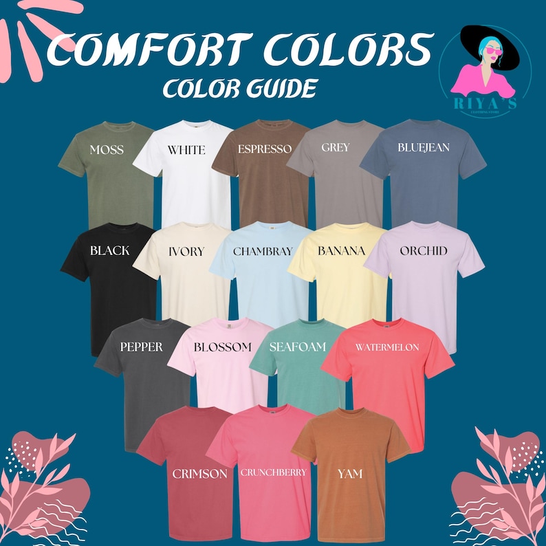 Peut inclure: Un guide de couleurs Comfort Colors pr&eacute;sentant seize t-shirts &agrave; manches courtes dans diverses teintes, notamment moss, white, espresso, grey, bluejean, black, ivory, chambray, banana, orchid, pepper, blossom, seafoam, watermelon, crimson, crunchberry et yam.
