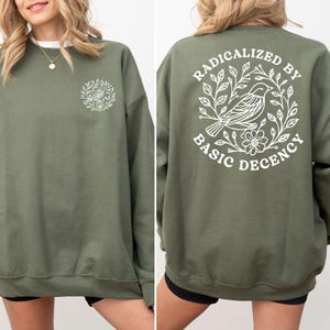 The image is a collage of two photos of a woman wearing a green sweatshirt with a graphic design on the back.