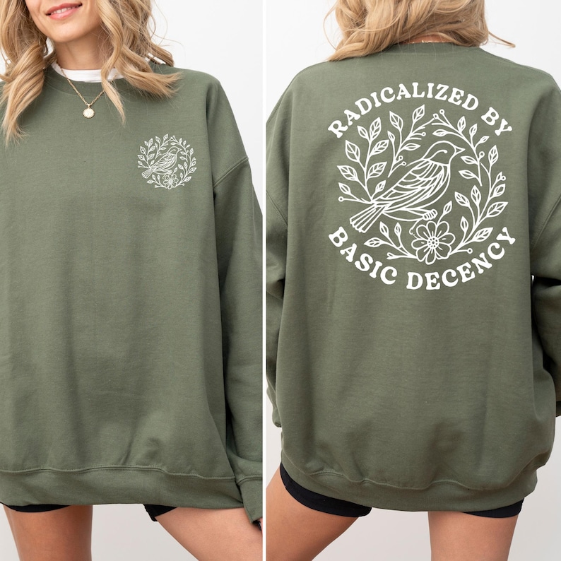 The image is a collage of two photos of a woman wearing a green sweatshirt with a graphic design on the back.