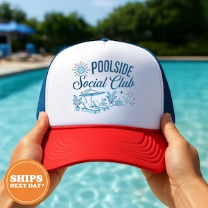 Poolside Social Club Trucker Hat, Retro Mesh Back Cap, Summer Vacation Hat, Vintage Style Foam Hat