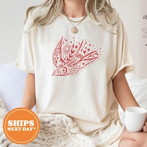 Celestial Bird Shirt, Moon Stars Vintage Graphic Tee, Boho Folk Art T-Shirt, Flying Bird Night Sky Shirt, Bohemian Top, Comfort Colors Top