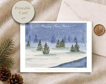 Biglietto di auguri di Capodanno 2027 stampabile, paesaggio invernale ad acquerello con alberi innevati, auguri di festa, pace, gioia e amore, download immediato.