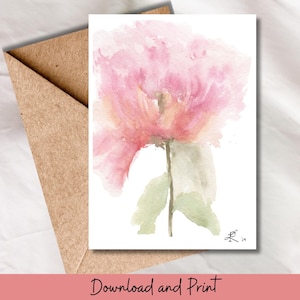 Printable Watercolor Note Card Abstract Peony Design for  Birthday Anniversary or Just Because Elegant Floral Art Stationery