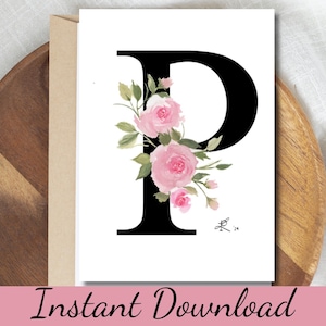 Afdrukbare P-kaart zwart monogram met roze aquarelrozen Bloemsierkunst groet voor alle gelegenheden Briefpapier of decoratie