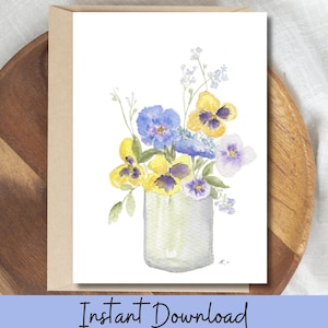 Cartão de buquê de amores-perfeitos para impressão, aquarela, papelaria floral, cartão em branco com inspiração botânica, cartão de flores pintado à mão para qualquer ocasião, arte digital