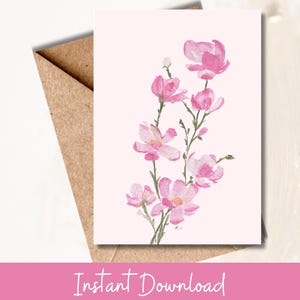 Carte de correspondance aquarelle fleur rose élégante Papeterie florale imprimable pour anniversaire Merci juste parce que carte de voeux botanique féminine