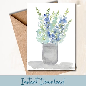 Carte de fleurs de naissance de juillet imprimable aquarelle bleu Delphinium carte d'anniversaire florale art botanique d'été téléchargement immédiat voeux