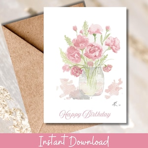 Carte imprimable de fleurs de naissance de janvier oeillet aquarelle voeux d'anniversaire carte numérique florale pour elle papeterie à téléchargement immédiat
