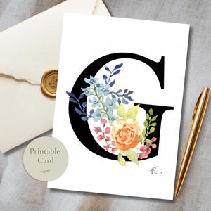 Printable Floral Monogram Letter G Card - Watercolor Initial - Personalized Stationery - Digital Download